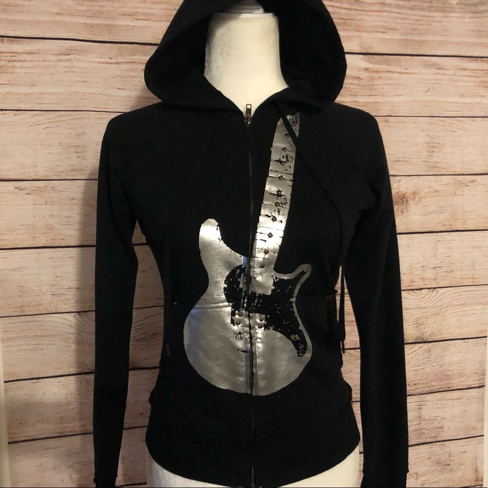 Wet Seal Black Hoodie w Silver Guitar Design SZ S